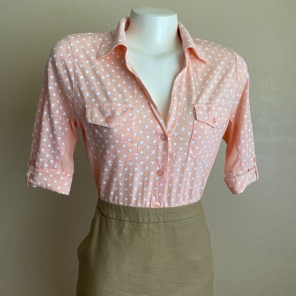 Y2K 2000s Bongo NWT Size L Top Peach Pink Polka Dot Collar Button Down Roll Tab - Picture 1 of 10